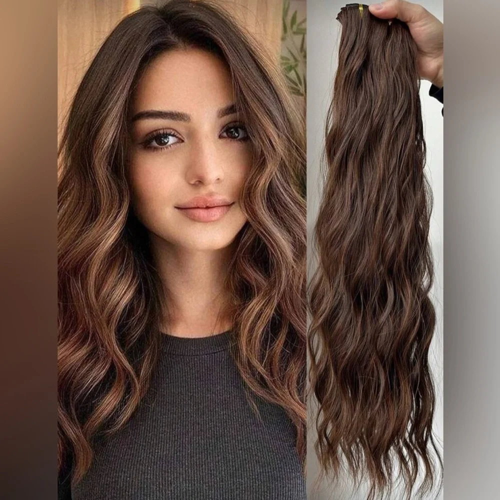 Copper Highlights Brown Wavy 22 In Clip in Hair Extensions - Human hair Blend - Picture 1 of 8